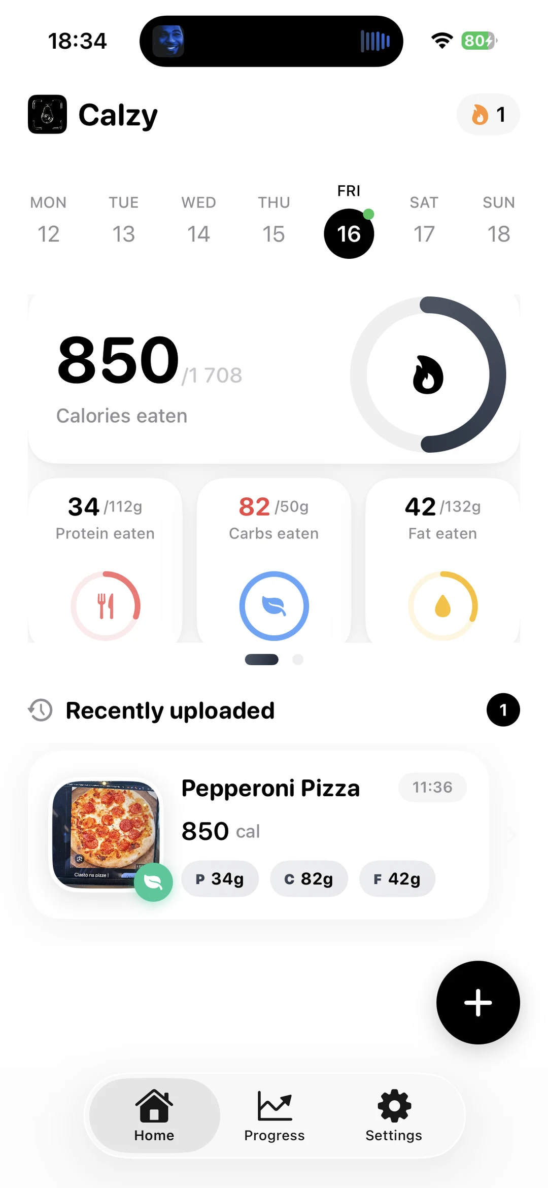 The Calzy app: a photographed meal resolved into calories, protein, carbs, fat and a Health Score.